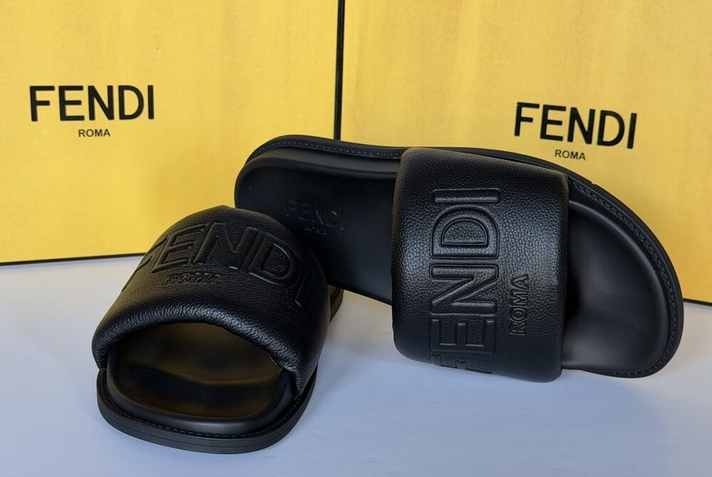 Fendi Men's Roma Leather Slide Sandals Black 9 US/8 UK IT 7X1649 NIB $750